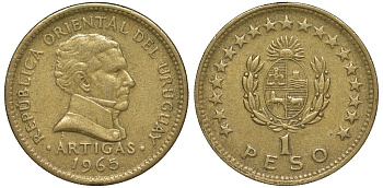 Уругвай 1 песо 1965 KM 46 алюминиевая бронза 94-1022