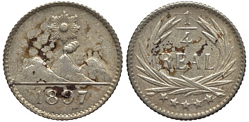 Гватемала 1/4 реала 1897 5 звезд, Испанское правление KM 162 серебро 4549-532