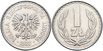 Польша 1 злотый 1987 MW, Народная Республика KM 49.2, Parchimowicz 214b алюминий UNC 4388-216