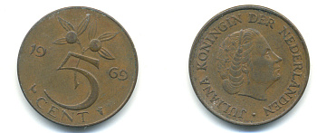 Нидерланды 5 центов 1969 Юлиана (1948-1980) KM 181 бронза 83-851