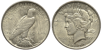 США 1 доллар 1922 доллар мира KM 150 серебро 00-00