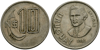 Уругвай 10 песо 1981 Хосе Хервасио Артигас KM 79, Schoen  55 медно-никель 4111-645