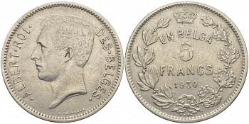 БЕЛЬГИЯ 5 ФРАНКОВ 1930 BELGES KM 97.1 никель 114-825