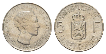 Люксембург 5 франков 1962 Шарлотта (1918-1964) KM 51 медно-никель 4605-653