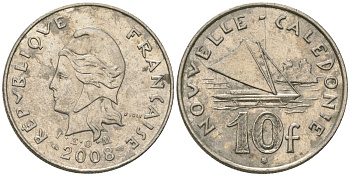 Французская Новая Каледония 10 франков 2008 рыбачья парусная лодка, (IEOM) KM 11a, Schoen 13a, Lec 99k медно-никель 60-744
