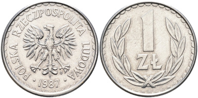 Польша 1 злотый 1987 MW, Народная Республика KM 49.2, Parchimowicz 214b алюминий UNC 4388-216