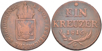 АВСТРИЯ 1 КРЕЙЦЕР 1816 G, ФРАНЦ II (1792-1835) KM 2113 медь 51-316