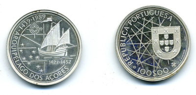 Португалия 100 эскудо 1989 серия золотой век португальских открытий, 550 лет открытия Азорских островов KM 648a серебро PROOF 00-00