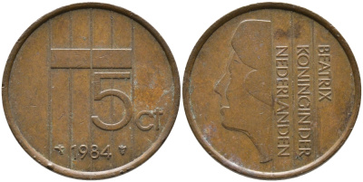 НИДЕРЛАНДЫ 5 ЦЕНТОВ 1984 БЕАТРИКС KM 202 бронза 65-1244