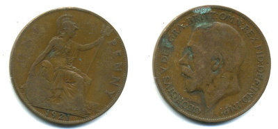 Великобритания 1 пенни 1921 Георг V (1910-1936) KM 810, Spink 4051 бронза 41-531