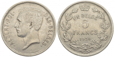 БЕЛЬГИЯ 5 ФРАНКОВ 1930 BELGES KM 97.1 никель 114-825