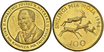 Танзания 100 шиллингов 1994 KM 32 сталь плакированная латунью UNC 106-1053