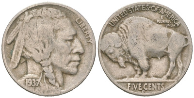 США 5 центов 1937 D, индеец, бизон KM 134 медно-никель 4602-1013
