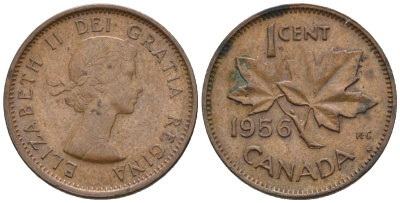 Канада 1 цент 1956 Елизавета II (1952-2022), кленовый лист KM 49 бронза 4609-115