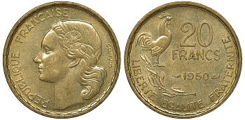Франция 20 франков 1950 четыре пера KM 917.1, Le Franc 402.3 алюминиевая бронза 4163-735
