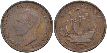 Великобритания 1/2 пенни 1939 Георг VI (1936-1952) KM 844, Spink 4115 бронза 4592-333