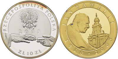 Польша 10 злотых 2005 MW, Иоанн Павел II, руки, позолота KM 526 серебро PROOF 1074-8-53