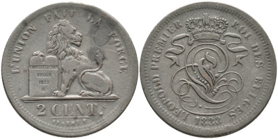 БЕЛЬГИЯ 2 САНТИМА 1833 BELGES KM 4.1 медь 95-643