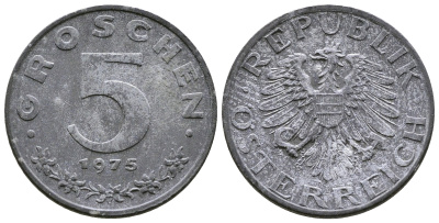АВСТРИЯ 5 ГРОШЕЙ 1975 KM 2875 цинк 57-546