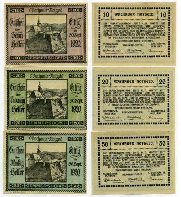 Австрия, Эммерсдорф-ан-дер-Донау набор из 3 банкнот 10, 20, 50 геллеров 1920 30 сентября 1920, нотгельд, ярмарочная коммуна, земля Нижняя Австрия   бумага  UNC (пресс) 7555-29-3-1