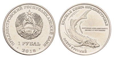 Приднестровье 1 рубль 2018 Красная книга - Русский осётр (Acipenser gueldenstaedtii) KM 303 сталь плакированная никелем UNC 4669-1122