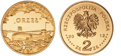 Польша 2 злотых 2012 MW, серия суда польского флота, подводная лодка "Орел" KM 837 нордик UNC M73-21