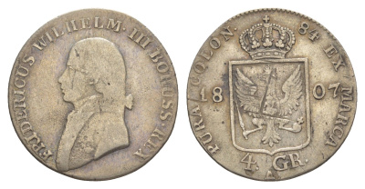 Пруссия 4 гроша 1807 A, Фридрих Вильгельм III (1797-1840) KM 370 серебро 1523-312
