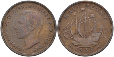 Великобритания 1/2 пенни 1939 Георг VI (1936-1952) KM 844, Spink 4115 бронза 4592-333