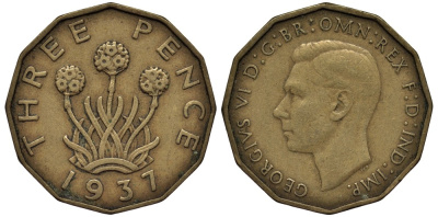 Великобритания 3 пенса 1937 Георг VI (1936-1952) KM 849, Spink 4112 никель латунь 4538-1056