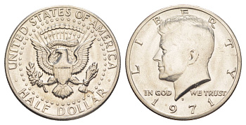 США 1/2 доллара (50 центов) 1971 D, Джон Кеннеди KM 202b медь плакированная медно-никелем aUNC 111-515