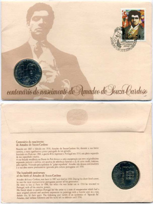 Португалия 100 эскудо 1987 100 лет со дня рождения Амадеу ди Соза-Кардозу, португальский художник, в конверте с маркой первого дня KM 644 медно-никель UNC 5-4-3-65