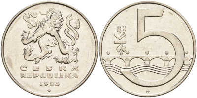 Чехия 5 крон 1993 чешский лев, Карлов мост KM 8 сталь плакированная никелем    4143-314