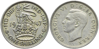 Великобритания 1 шиллинг 1947 Георг VI (1936-1952), Шотландский герб KM 864, Spink 4104 медно-никель 4395-1156