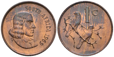 ЮАР 1 цент 1969 Ян ван Рибек (1619-1677), South Africa, легенда на английском, капские воробьи KM 65.1 KM 65.1 бронза  aUNC  220-951