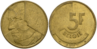 Бельгия 5 франков 1986 Belgie, Бодуэн I (1951-1993) KM 164 алюминиевая бронза 4601-236