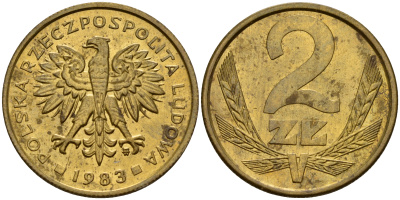 Польша 2 злотых 1983 MW KM 80.1 латунь    4161-1053