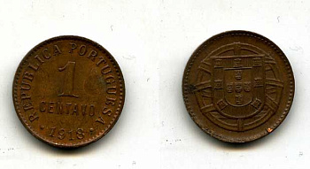 ПОРТУГАЛИЯ 1 СЕНТАВО 1918 KM 565 бронза UNC 36-911