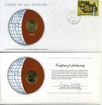 Венгрия 2 форинта 1978 ВР конверт с маркой первого дня гашения, Coins of Nations KM 591 латунь UNC 4294-23-1