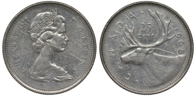 Канада 25 центов 1968 Елизавета II (1952-2022), олень KM 62 b никель 4128-637