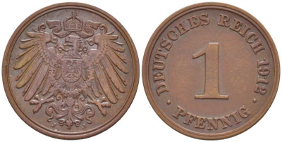 ГЕРМАНИЯ 1 ПФЕННИГ 1912 J KM 10, J. 10, Weege 2 медь 206-415