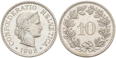 Швейцария 10 раппенов 1982 KM 27 медно-никель 55-517