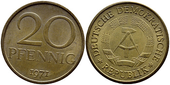 ГДР 20 пфеннигов 1971 А KM 11 латунь UNC 54-1453