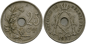 Бельгия 25 сантимов 1927 Belgique KM 68 медно-никель 4165-526