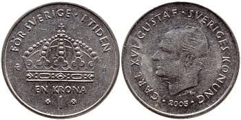 Швеция 1 крона 2004 Карл XVI Густав (1973- ) KM 894 медно-никель 45-551