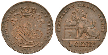 Бельгия 1 сантим 1894 Belgen, Леопольд II (1865-1909) KM 34.1 медь aUNC 4621-638