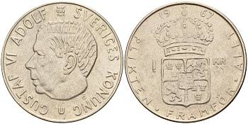 Швеция 1 крона 1967 U, Густав VI Адольф (1950-1973) KM 826 серебро 4597-225