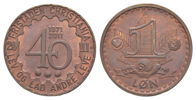 Христиания 1 лен 2011 40-летний юбилей Христиании (1971 - 2011) медь UNC 1521-843