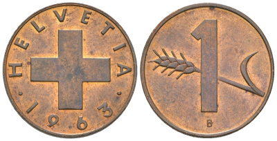 Швейцария 1 раппен 1963 B KM 46 бронза aUNC 4115-1122