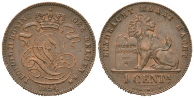 Бельгия 1 сантим 1894 Belgen, Леопольд II (1865-1909) KM 34.1 медь aUNC 4621-638