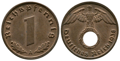 Германия 1 рейхспфенниг 1938 A KM 89, J. 361 бронза    220-321